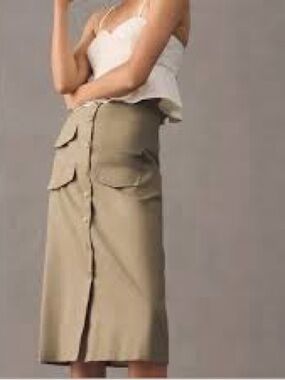ANTHROPOLOGIE × Mare Mare Linen Button-Down Utility Skirt Khaki MP M Petite
